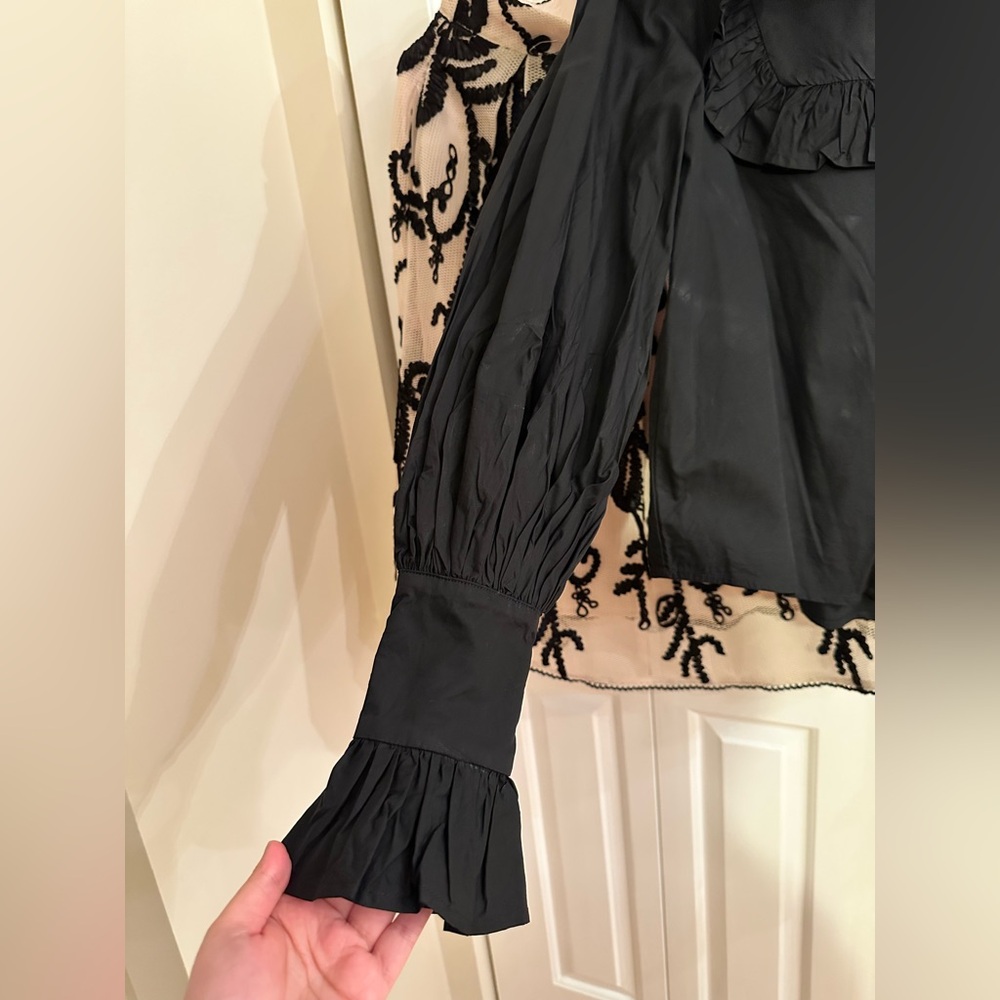 Romantic Ruffle Cotton Blouse - Victorian Smocked Cuff Top - Black Size S - Picture 6 of 8